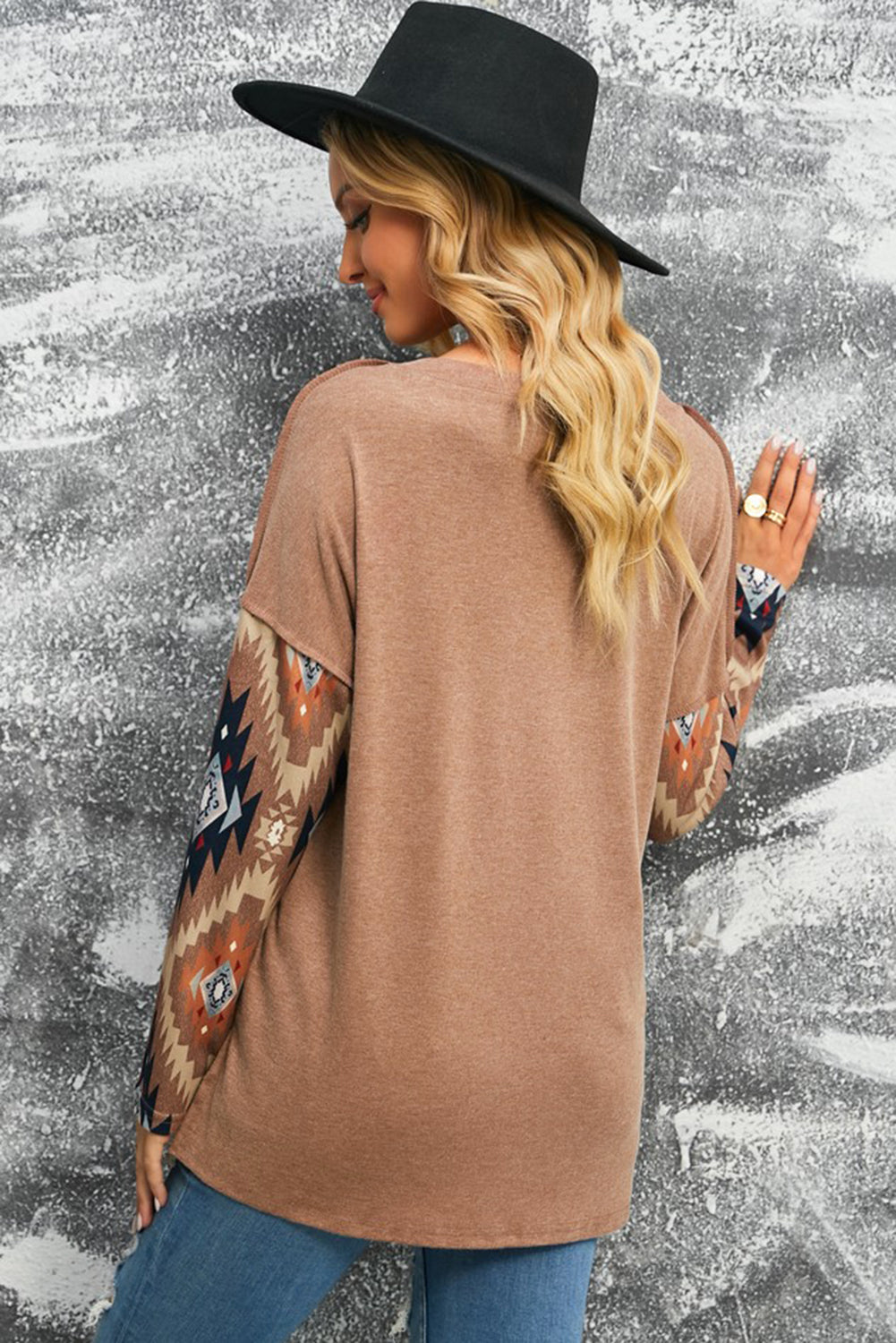 Brown Western Print Buttoned V Neck Top - XathletiX
