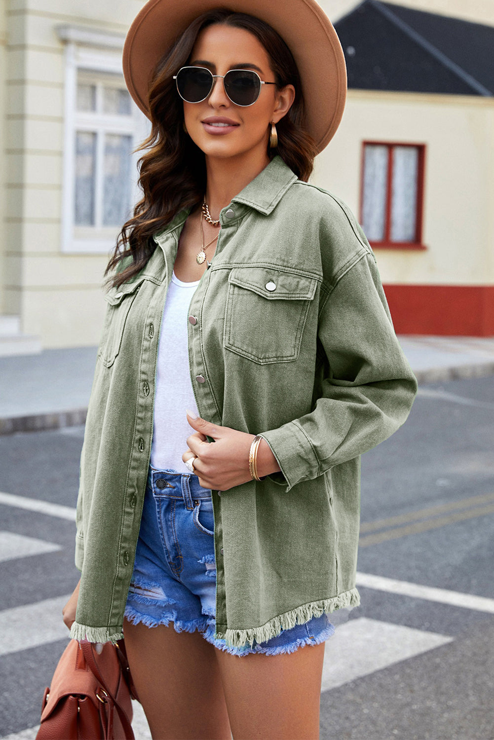 Button Up Pocketed Raw Hem Denim Jacket - XathletiX