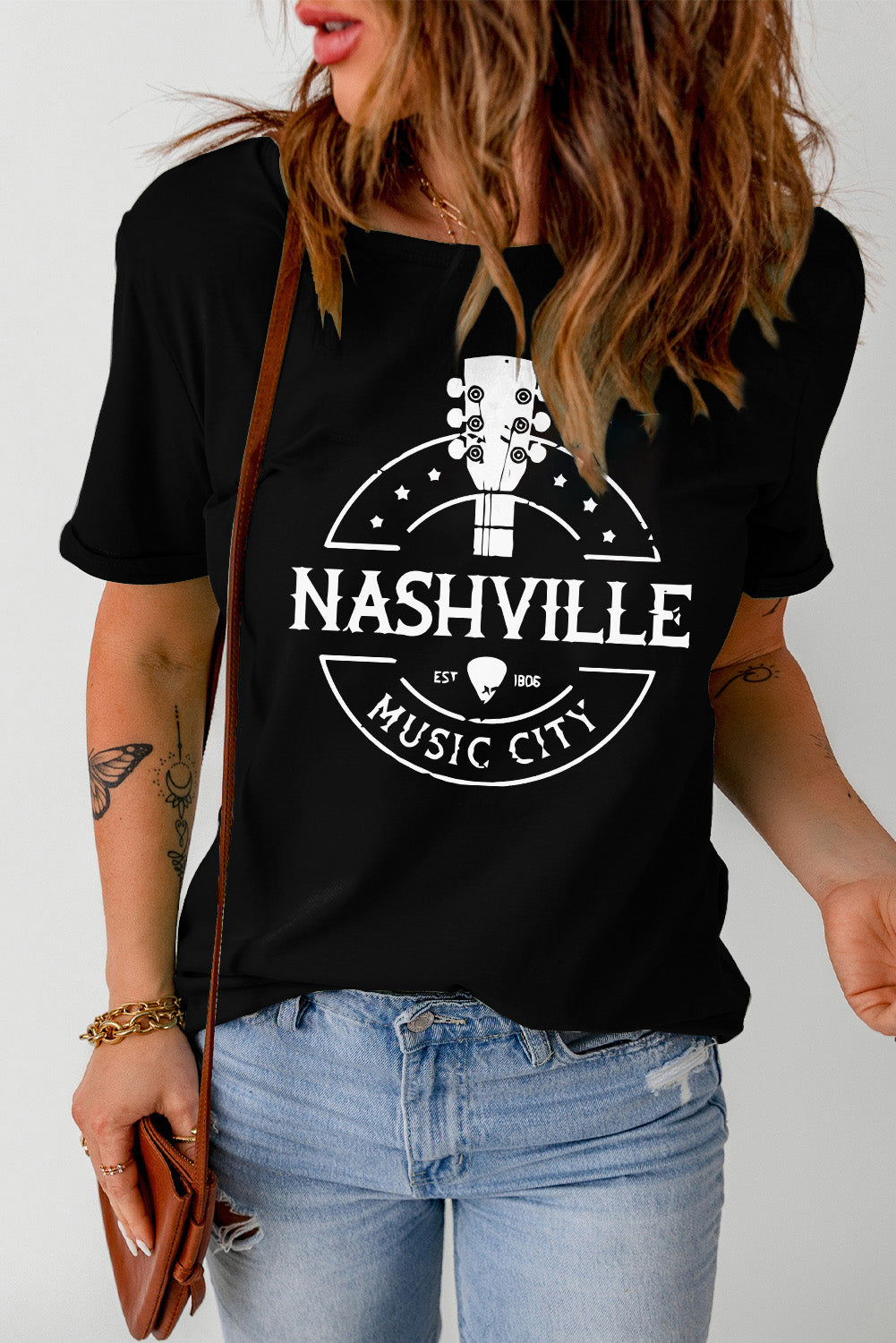 Western NASHVILLE MUSIC CITY Cuffed Graphic Tee Shirt - XathletiX