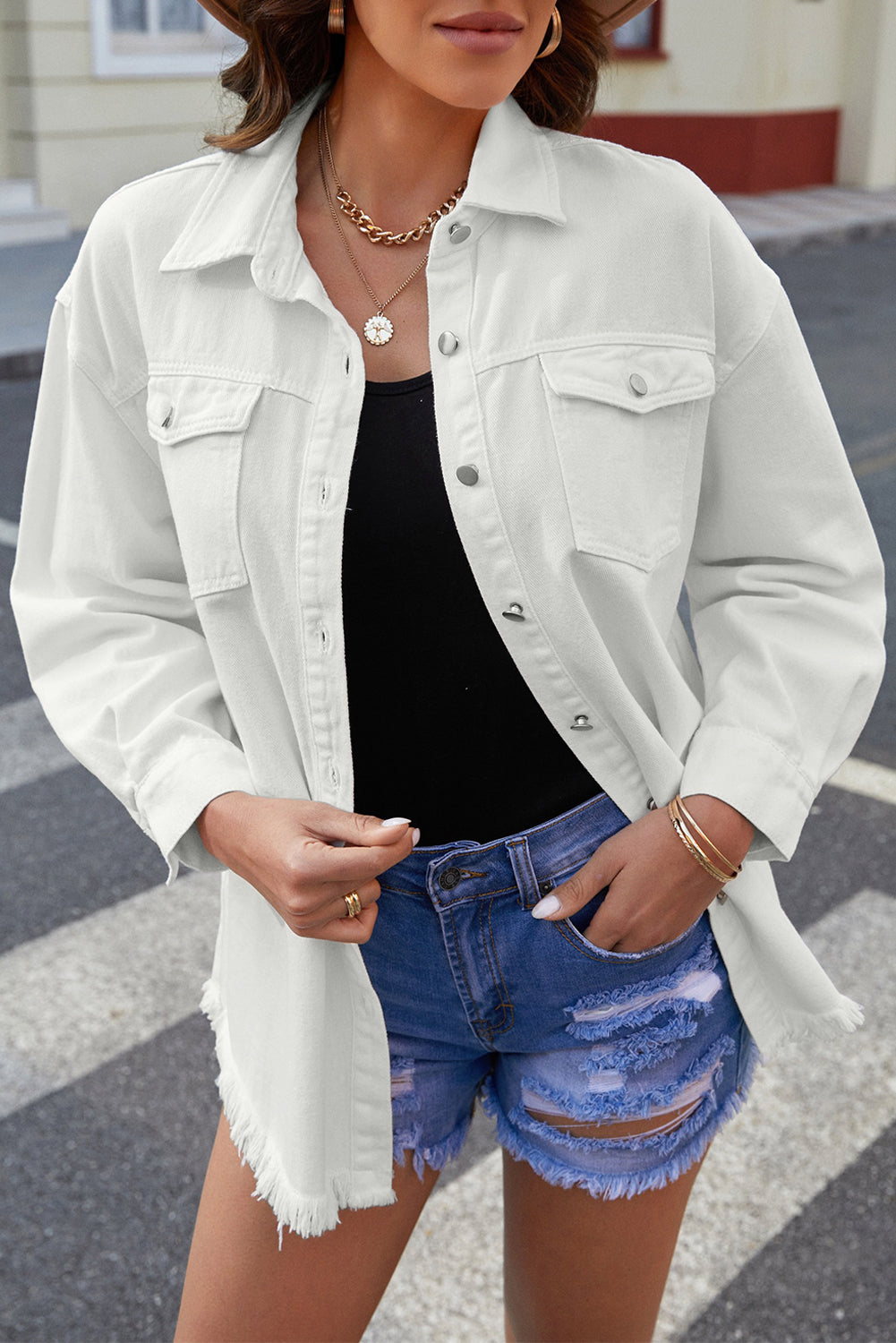 Button Up Pocketed Raw Hem Denim Jacket - XathletiX