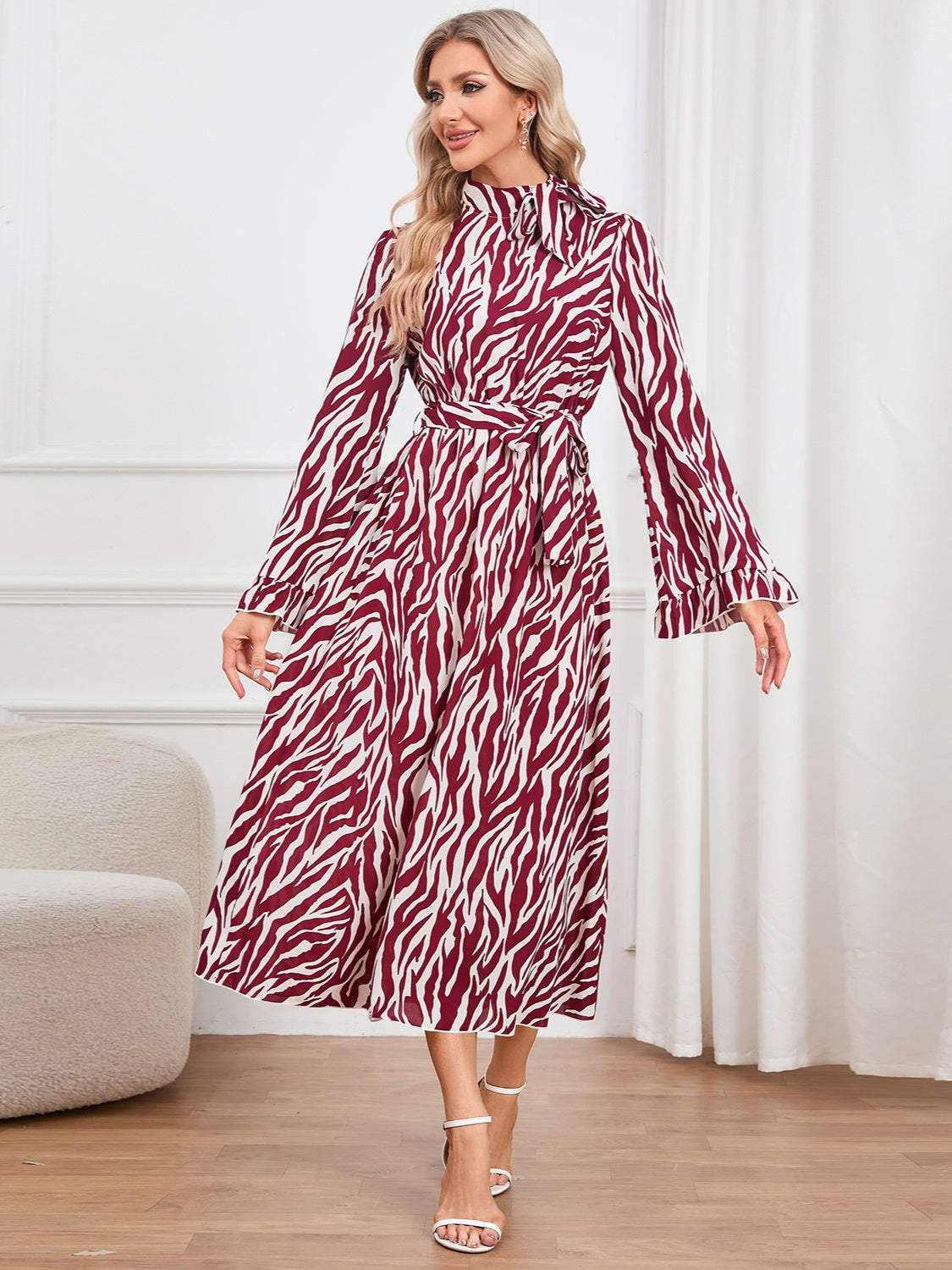 Animal Print Tie Front Ruffle Trim Dress - XathletiX