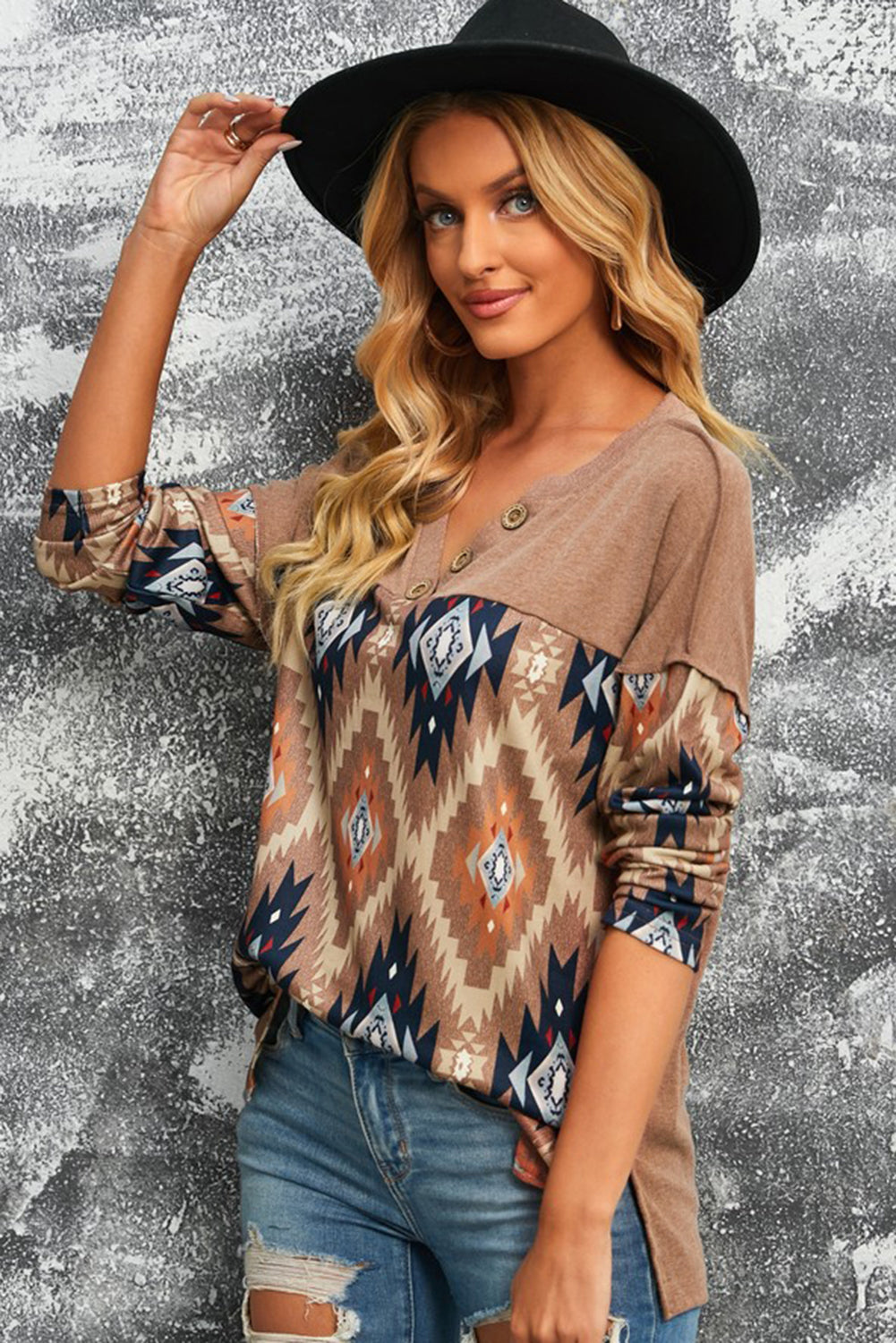Brown Western Print Buttoned V Neck Top - XathletiX