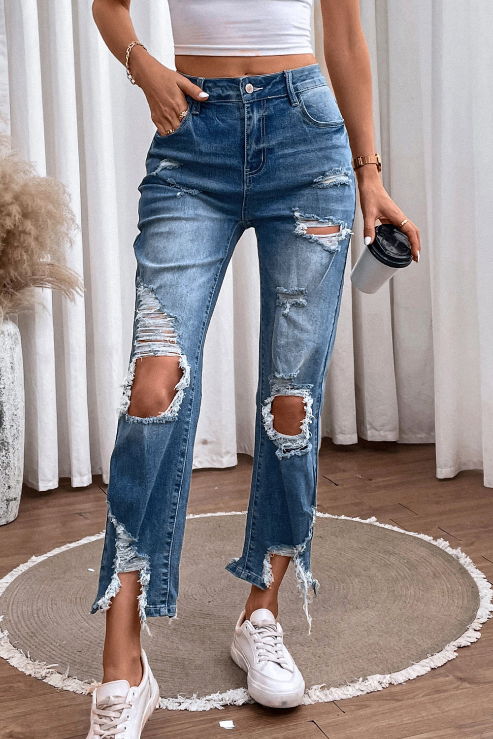 Distressed Raw Hem Straight Jeans - XathletiX