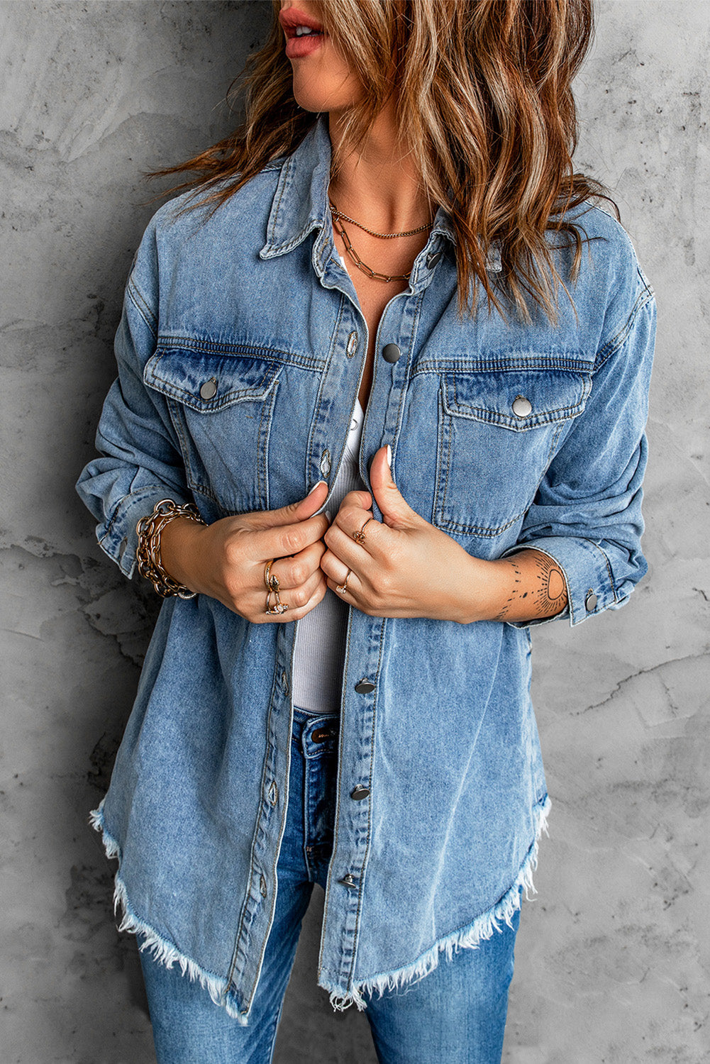 Button Up Pocketed Raw Hem Denim Jacket - XathletiX