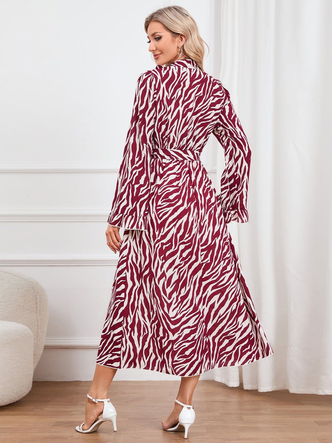 Animal Print Tie Front Ruffle Trim Dress - XathletiX