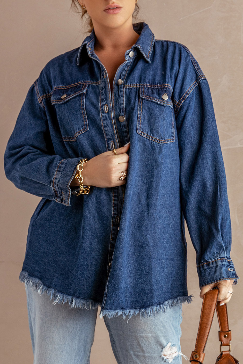 Button Up Pocketed Raw Hem Denim Jacket - XathletiX