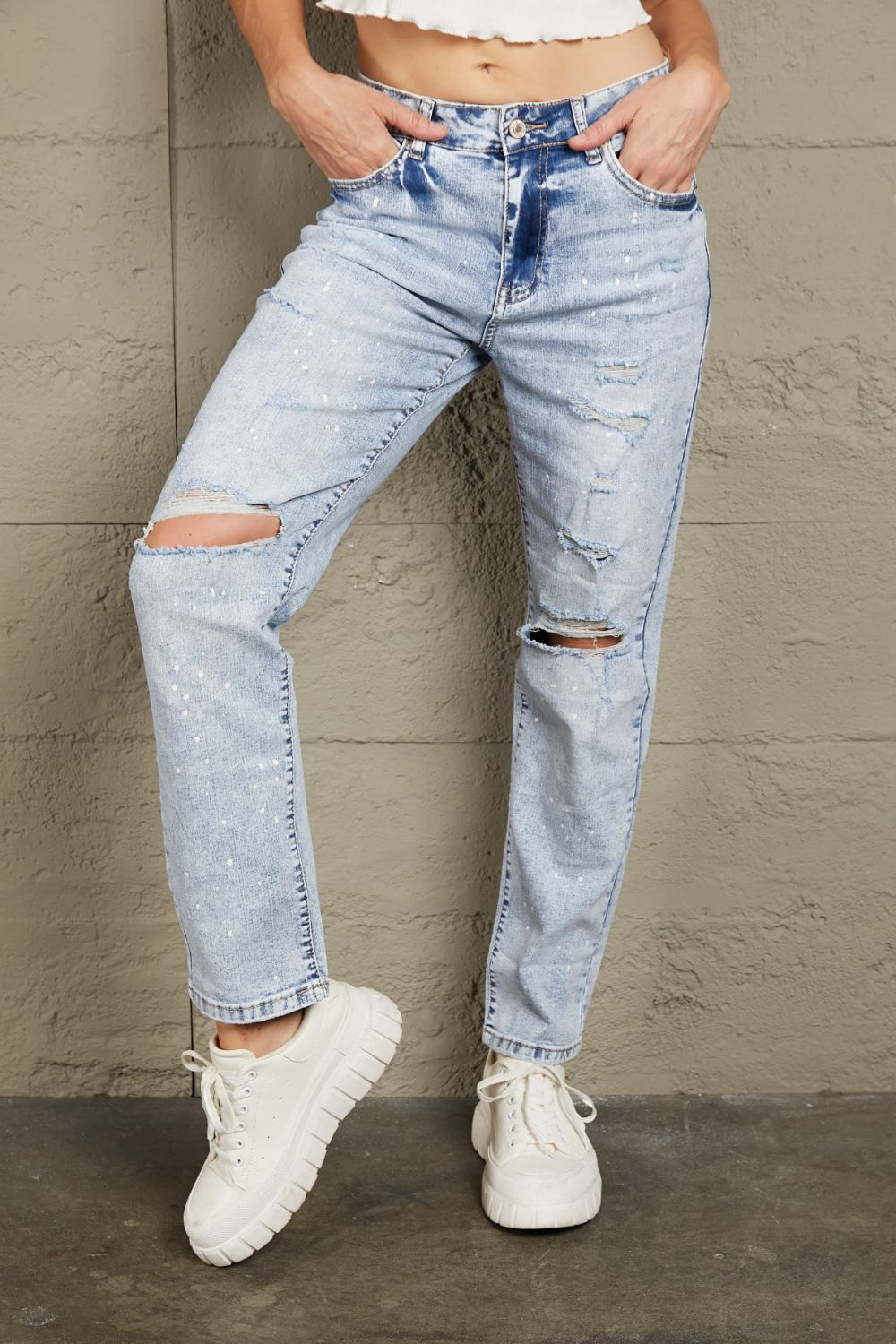 Baeful Splatter Distressed Acid Wash Jeans with Pockets - XathletiX