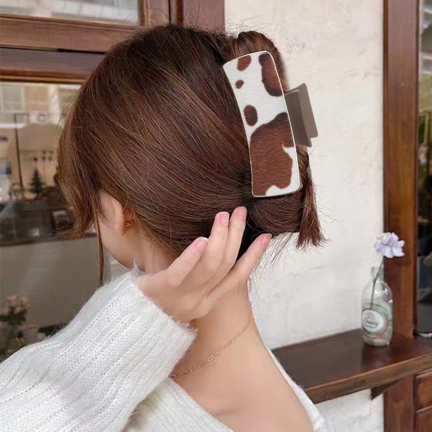 Cow Print PU Leather Acrylic Hair Claw Clip - XathletiX