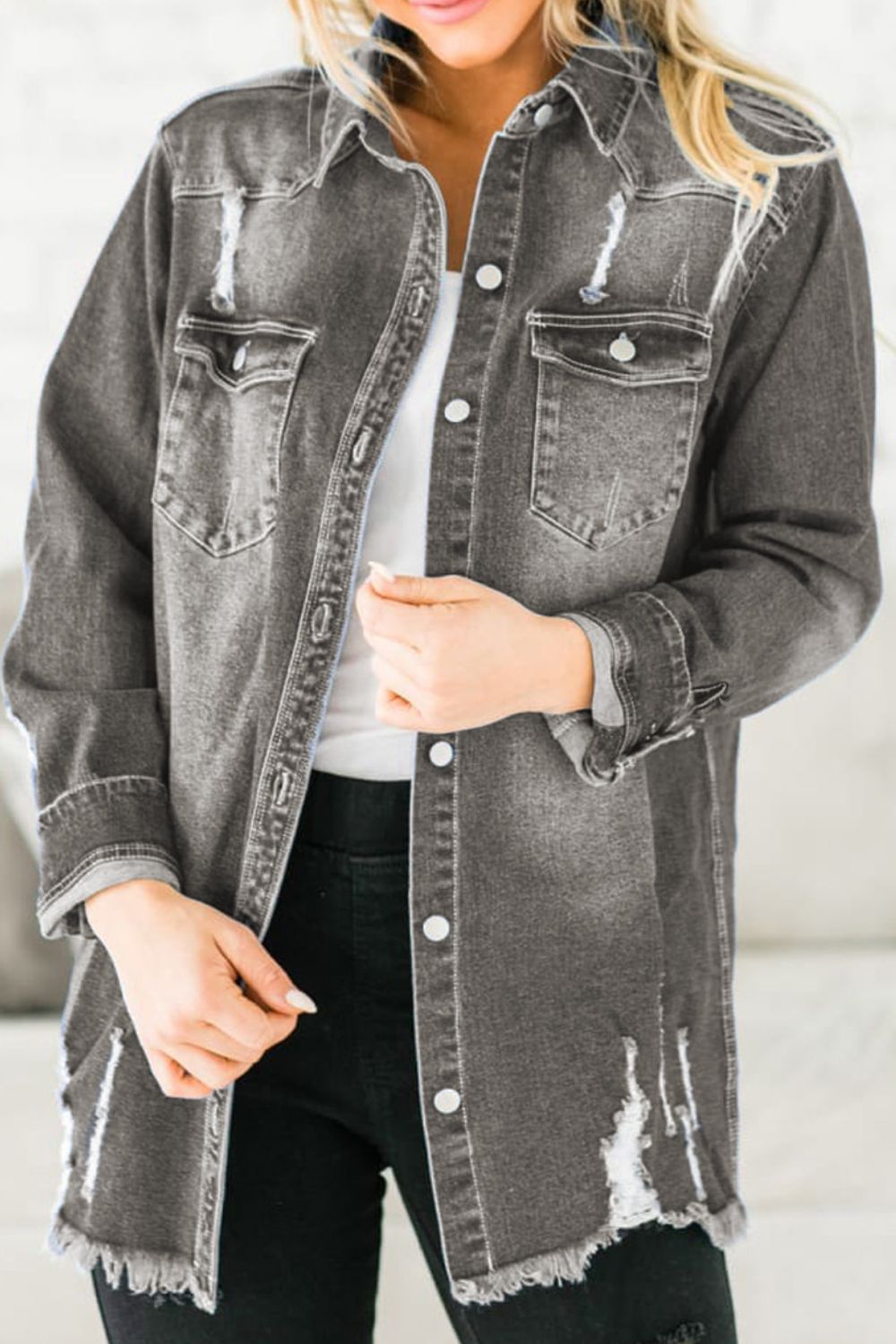 Distressed Button Up Raw Hem Denim Jacket - XathletiX