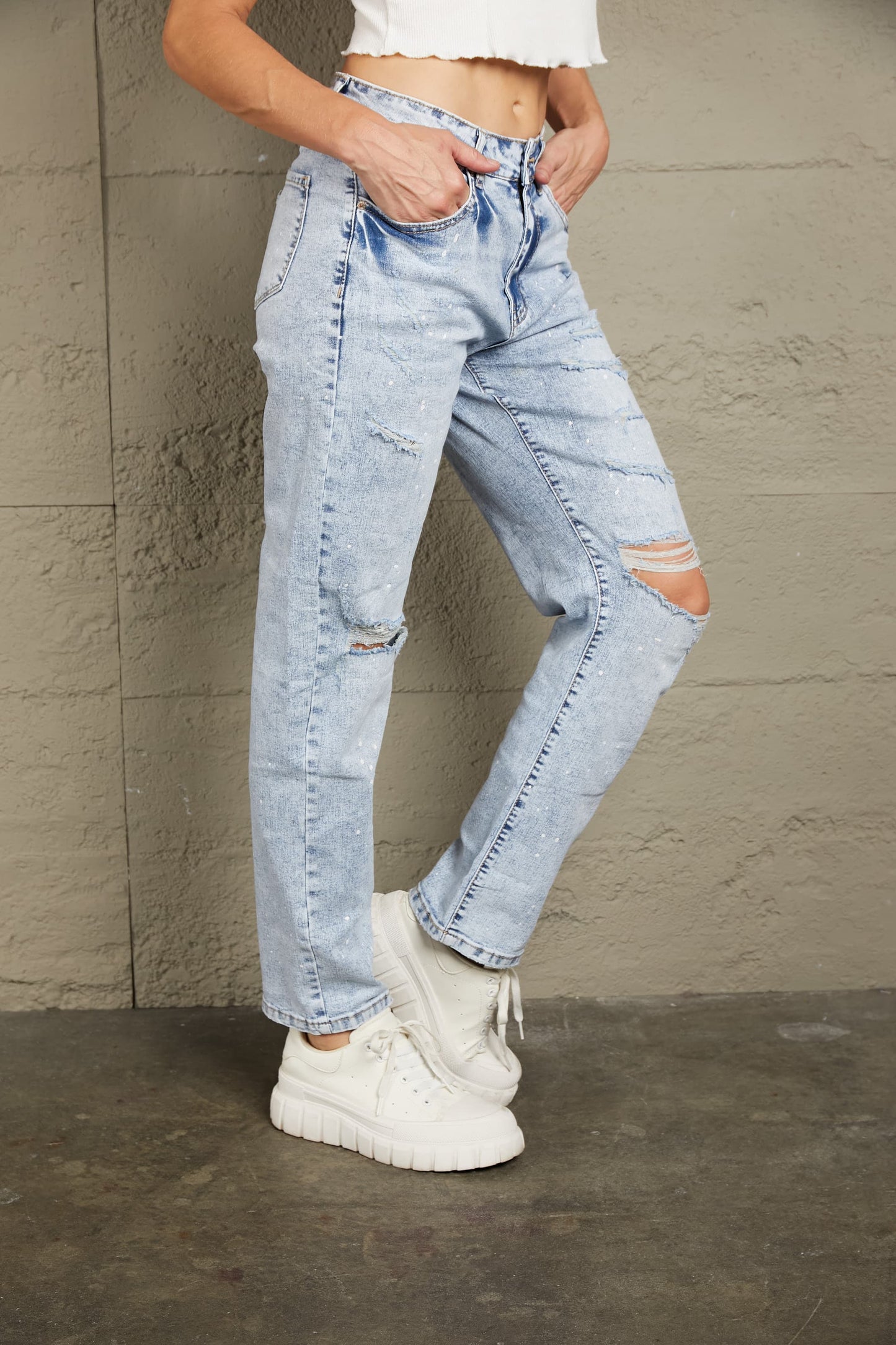 Baeful Splatter Distressed Acid Wash Jeans with Pockets - XathletiX
