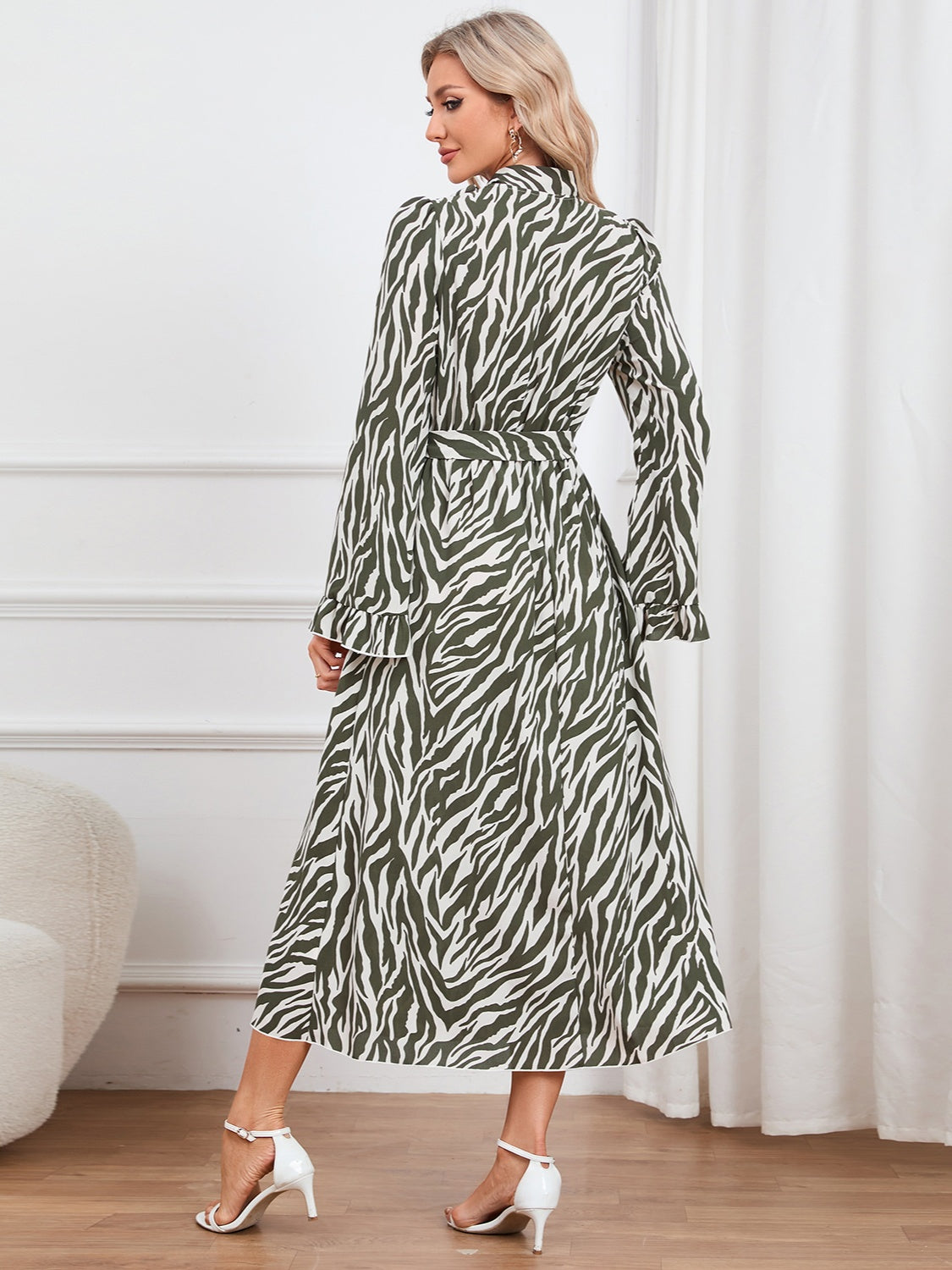 Animal Print Tie Front Ruffle Trim Dress - XathletiX