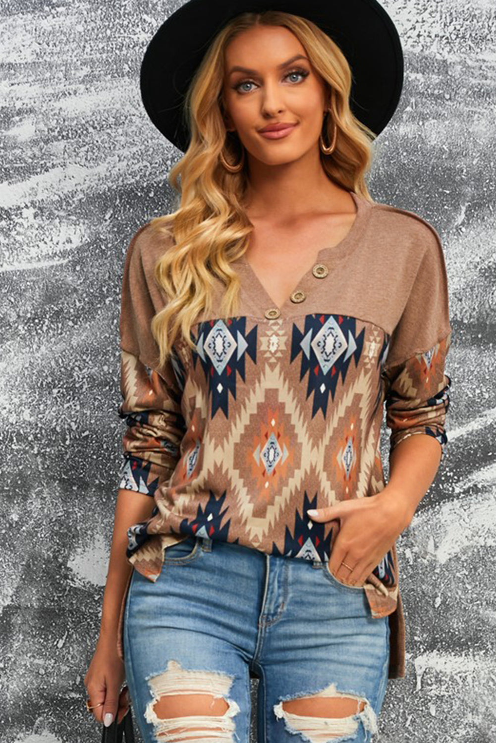 Brown Western Print Buttoned V Neck Top - XathletiX