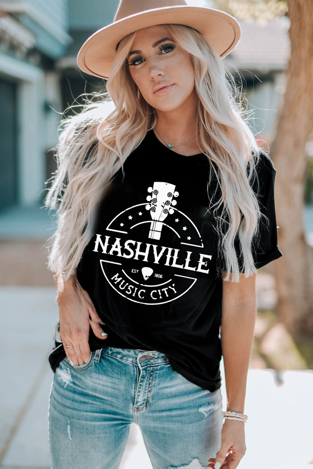 Western NASHVILLE MUSIC CITY Cuffed Graphic Tee Shirt - XathletiX