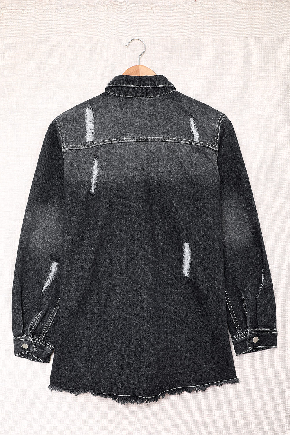 Distressed Button Up Raw Hem Denim Jacket - XathletiX
