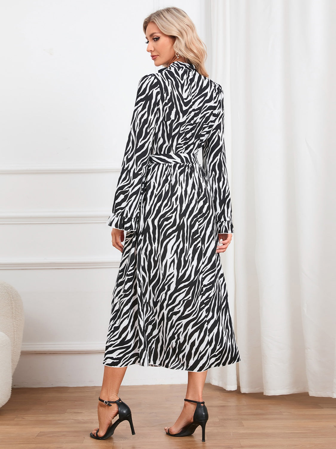 Animal Print Tie Front Ruffle Trim Dress - XathletiX
