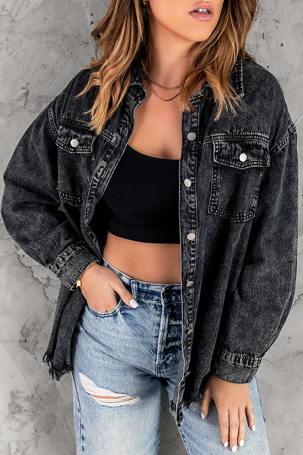 Button Up Pocketed Raw Hem Denim Jacket - XathletiX