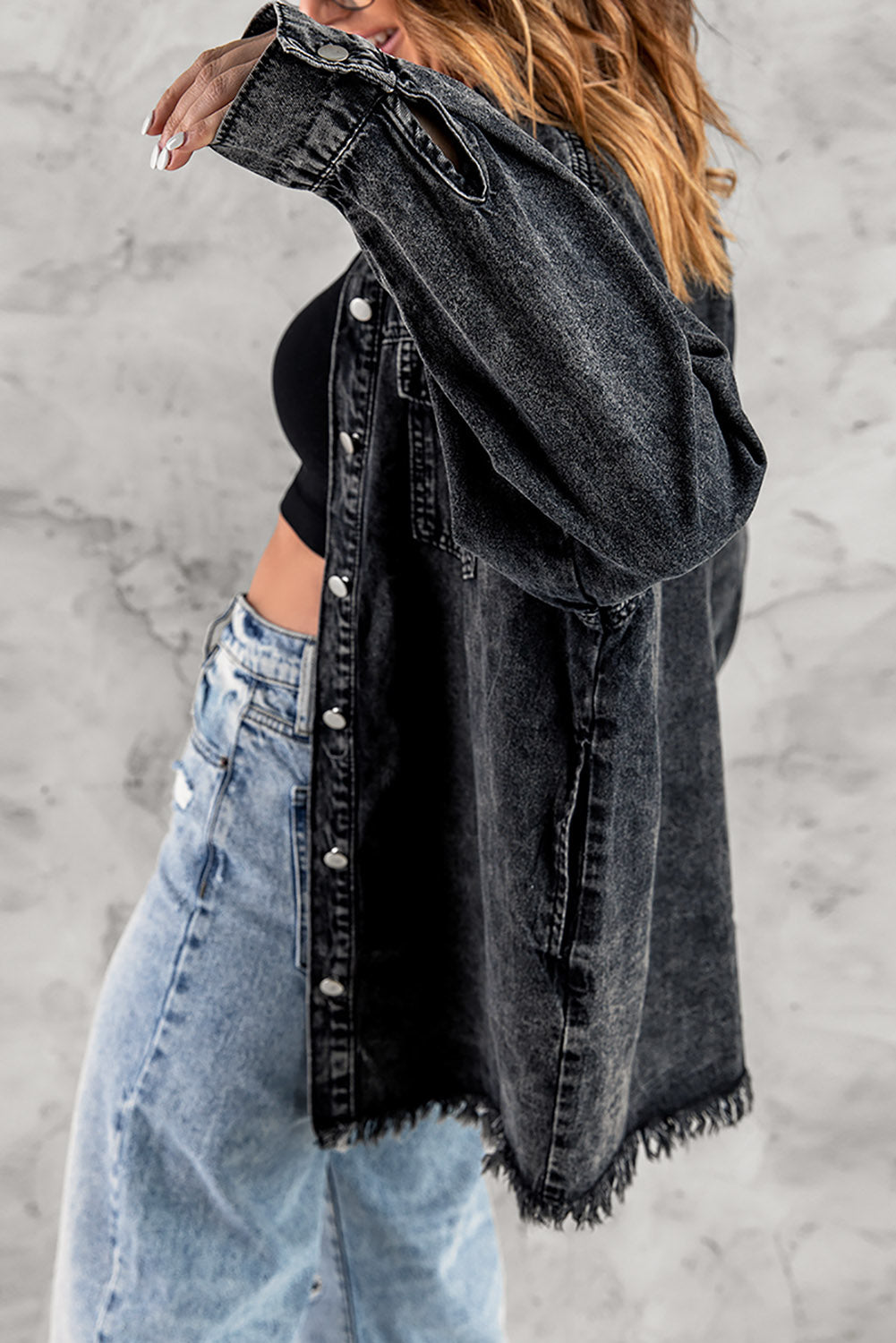 Button Up Pocketed Raw Hem Denim Jacket - XathletiX