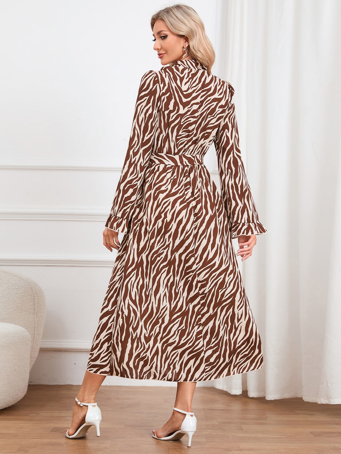 Animal Print Tie Front Ruffle Trim Dress - XathletiX