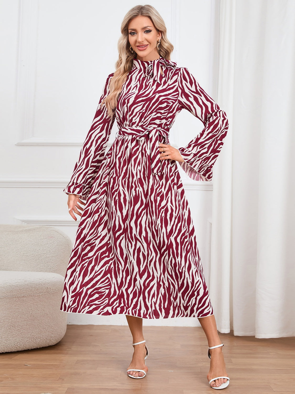 Animal Print Tie Front Ruffle Trim Dress - XathletiX