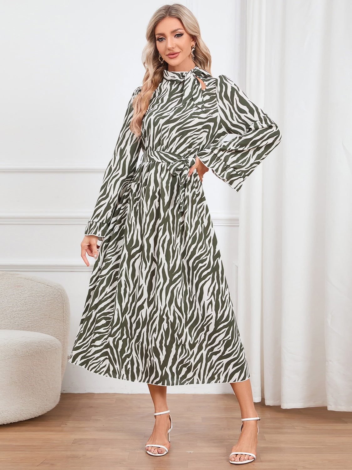 Animal Print Tie Front Ruffle Trim Dress - XathletiX