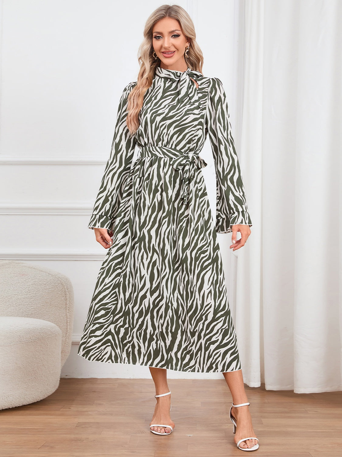 Animal Print Tie Front Ruffle Trim Dress - XathletiX