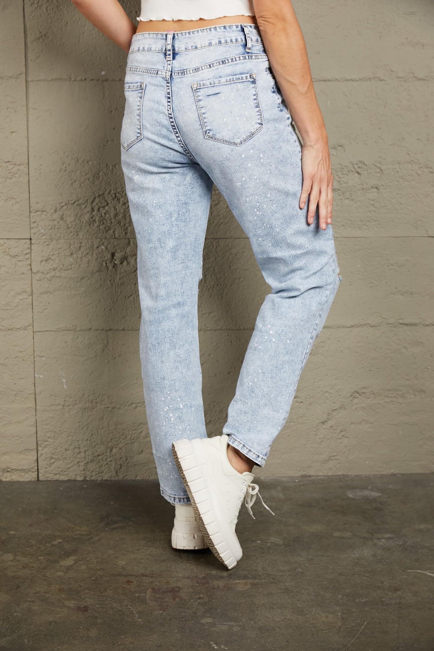 Baeful Splatter Distressed Acid Wash Jeans with Pockets - XathletiX