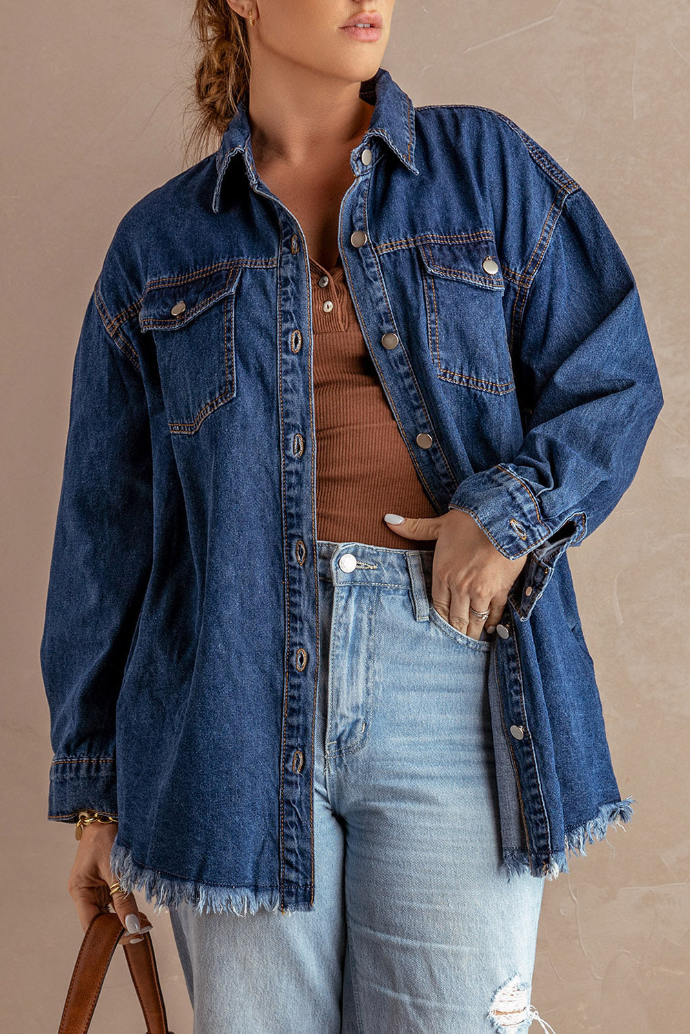 Button Up Pocketed Raw Hem Denim Jacket - XathletiX