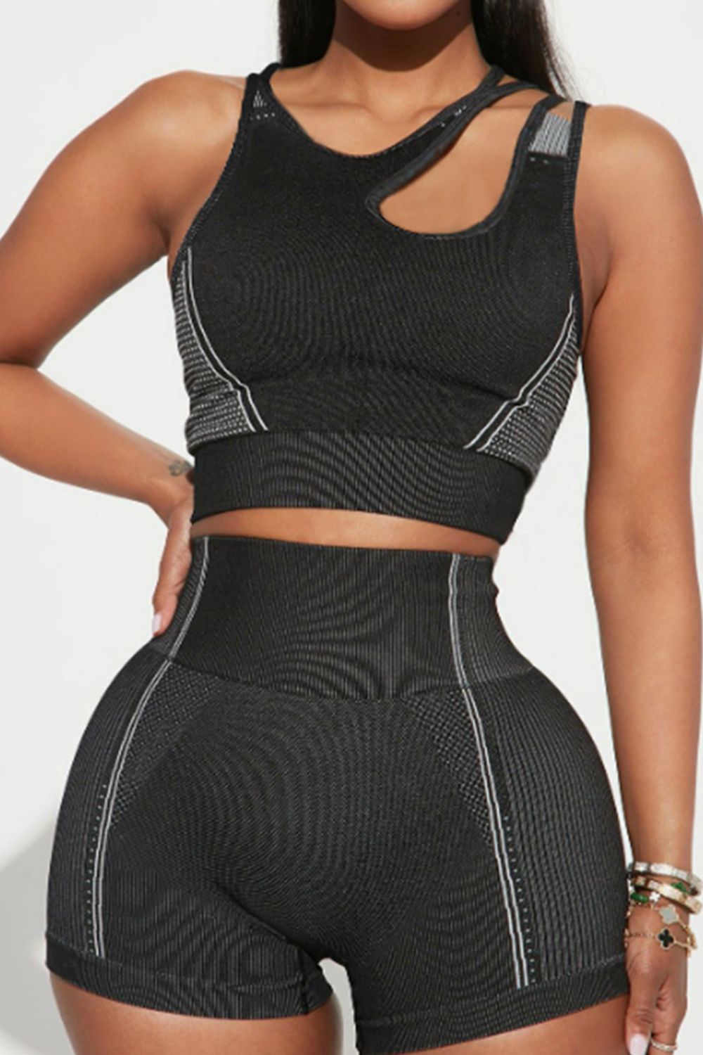 Asymmetrical Neck Striped Tank and Shorts Active Set - XathletiX
