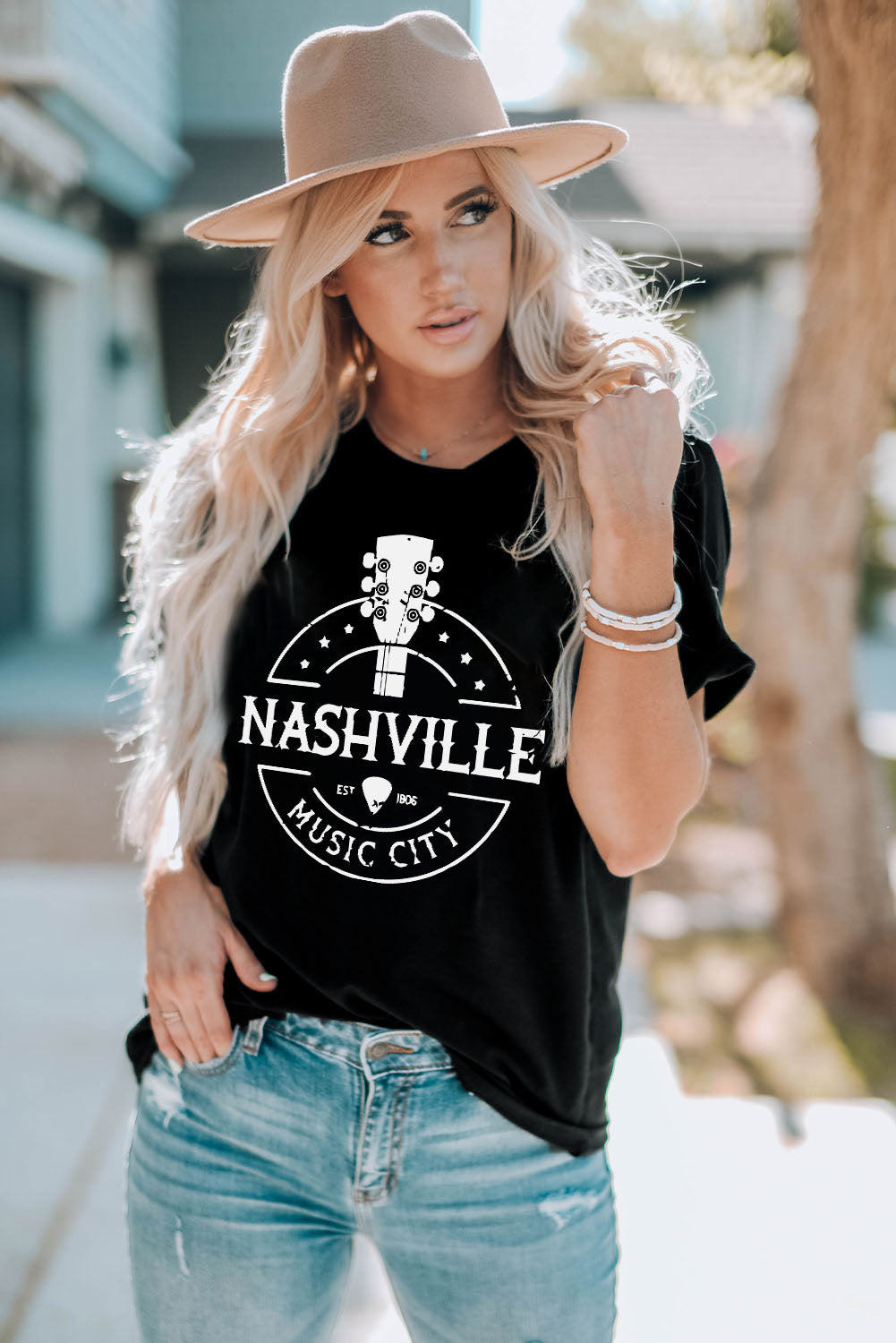 Western NASHVILLE MUSIC CITY Cuffed Graphic Tee Shirt - XathletiX