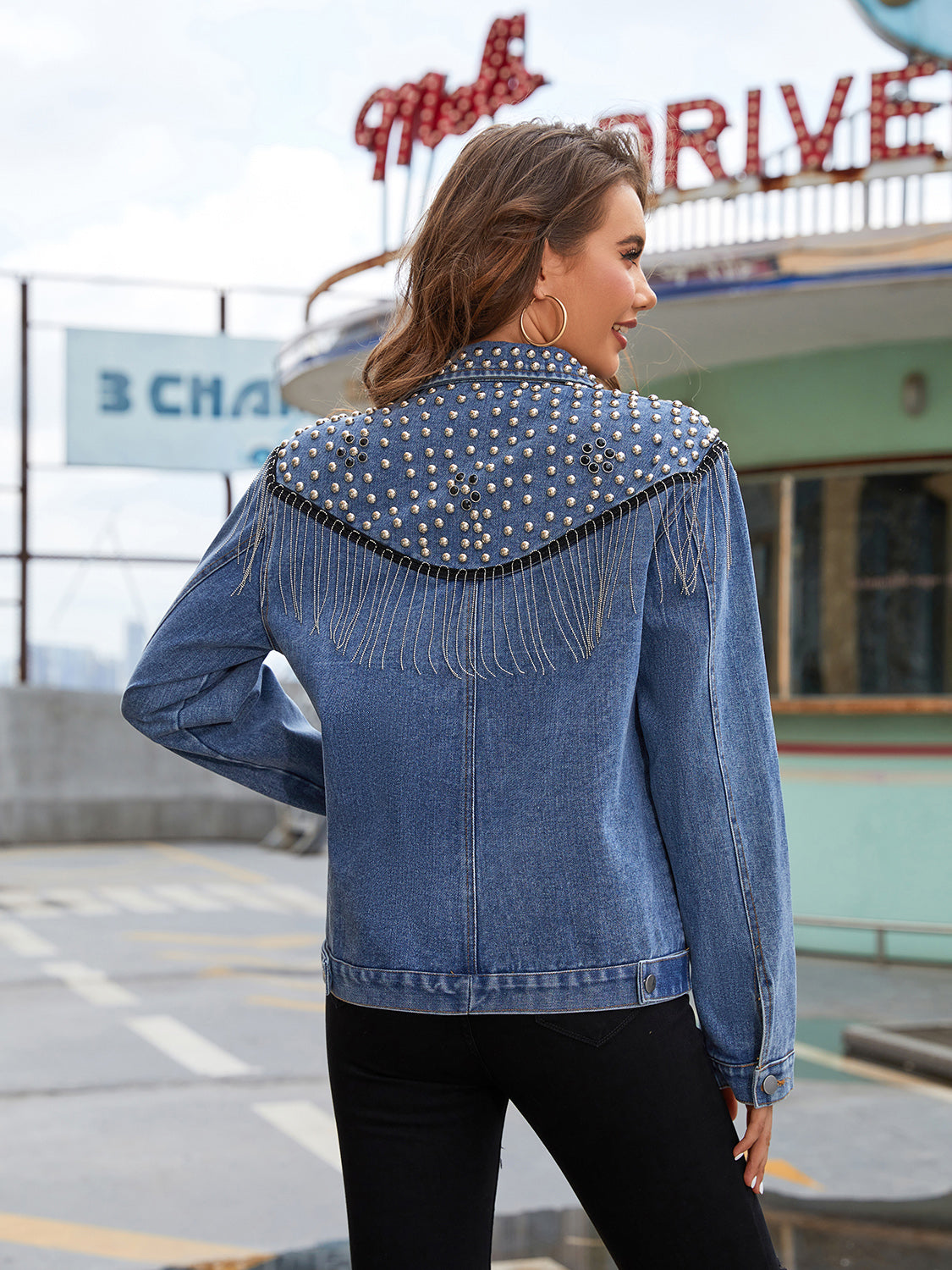 Studded Fringe Button Down Denim Jacket - XathletiX
