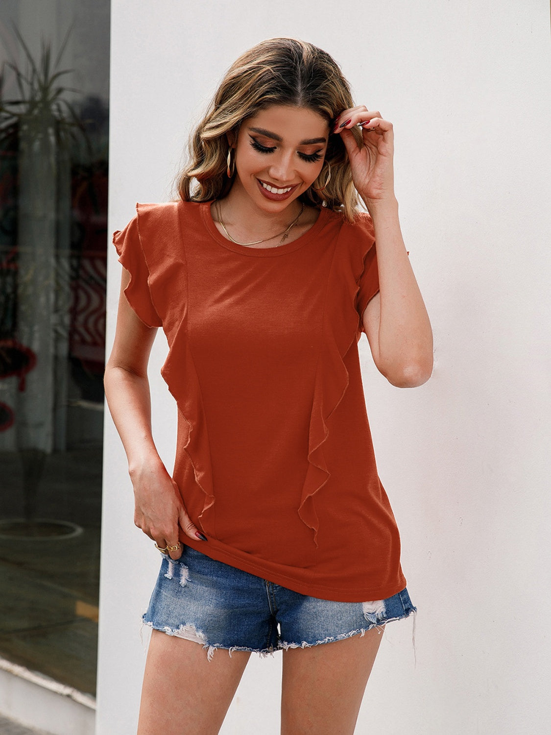 Ruffled Round Neck Cap Sleeve T-Shirt - XathletiX