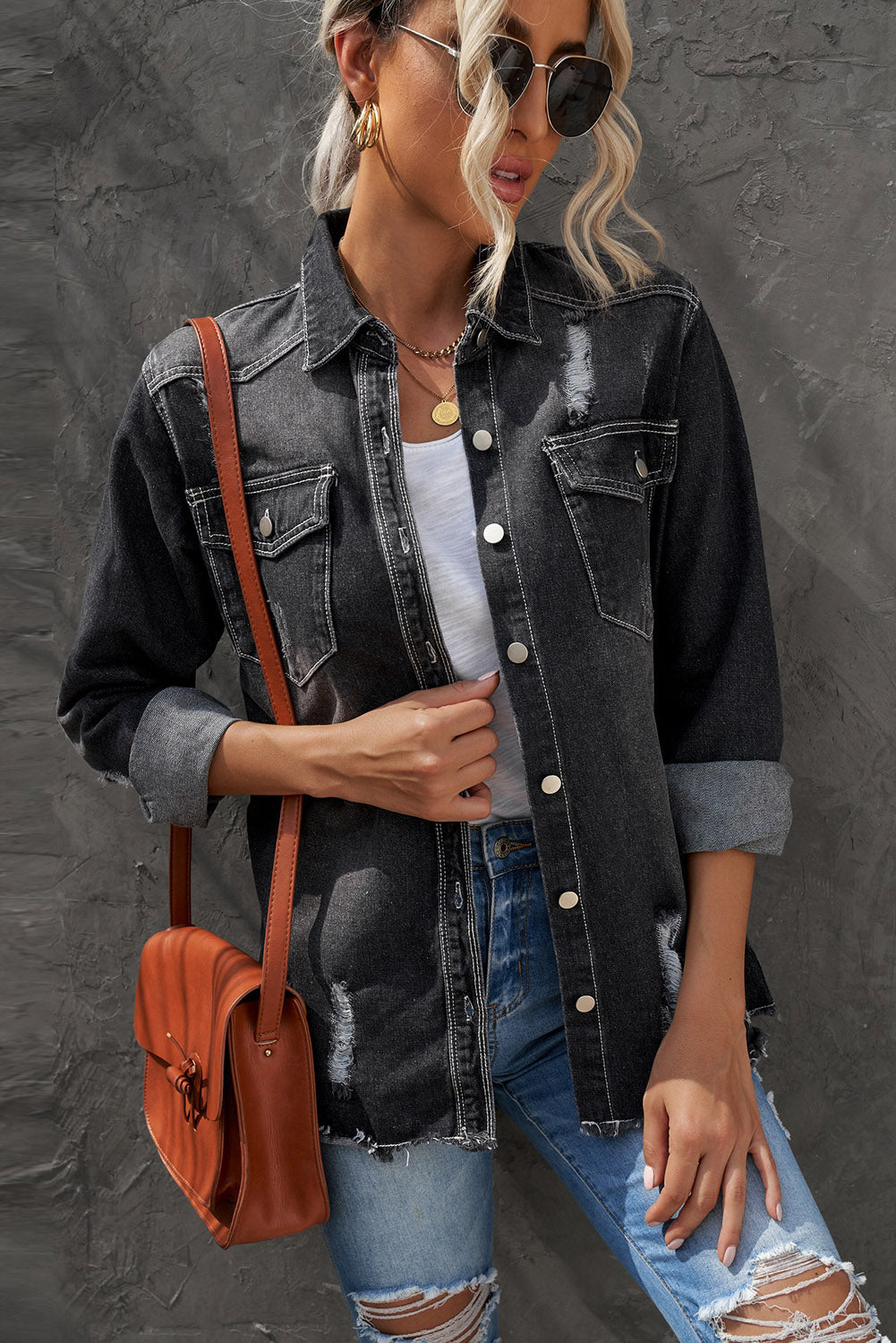 Distressed Button Up Raw Hem Denim Jacket - XathletiX