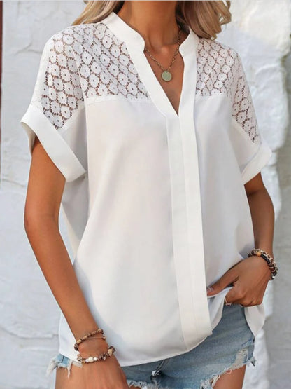 Openwork Notched Short Sleeve Blouse - XathletiX