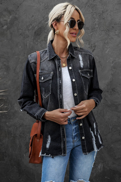 Distressed Button Up Raw Hem Denim Jacket - XathletiX