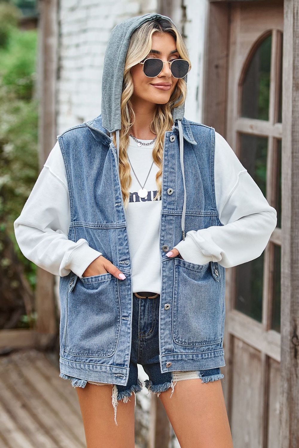 Sleeveless Denim Top with A Detachable Hood - XathletiX