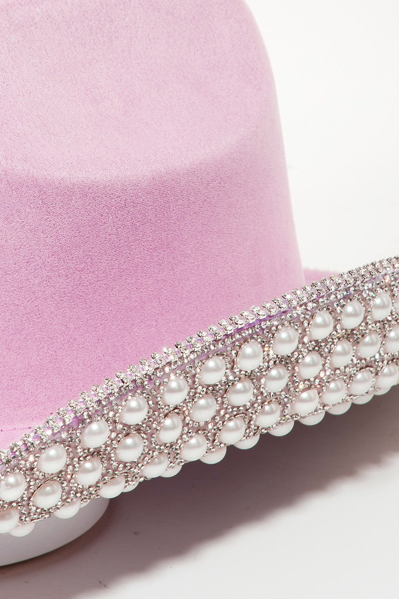 Fame Pave Rhinestone Pearl Trim Cowboy Hat - XathletiX