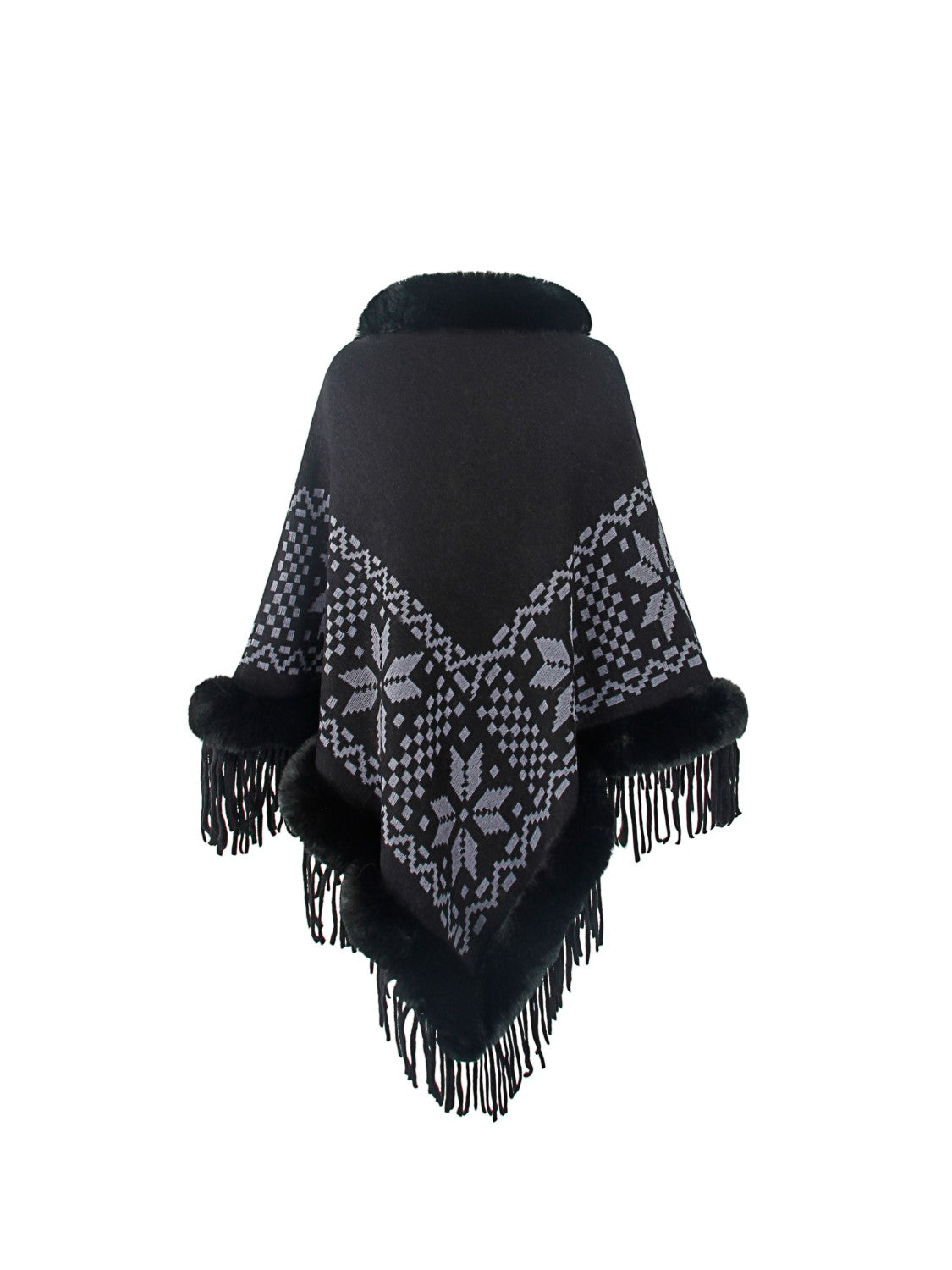 Fringe Geometric Cape Sleeve Poncho - XathletiX