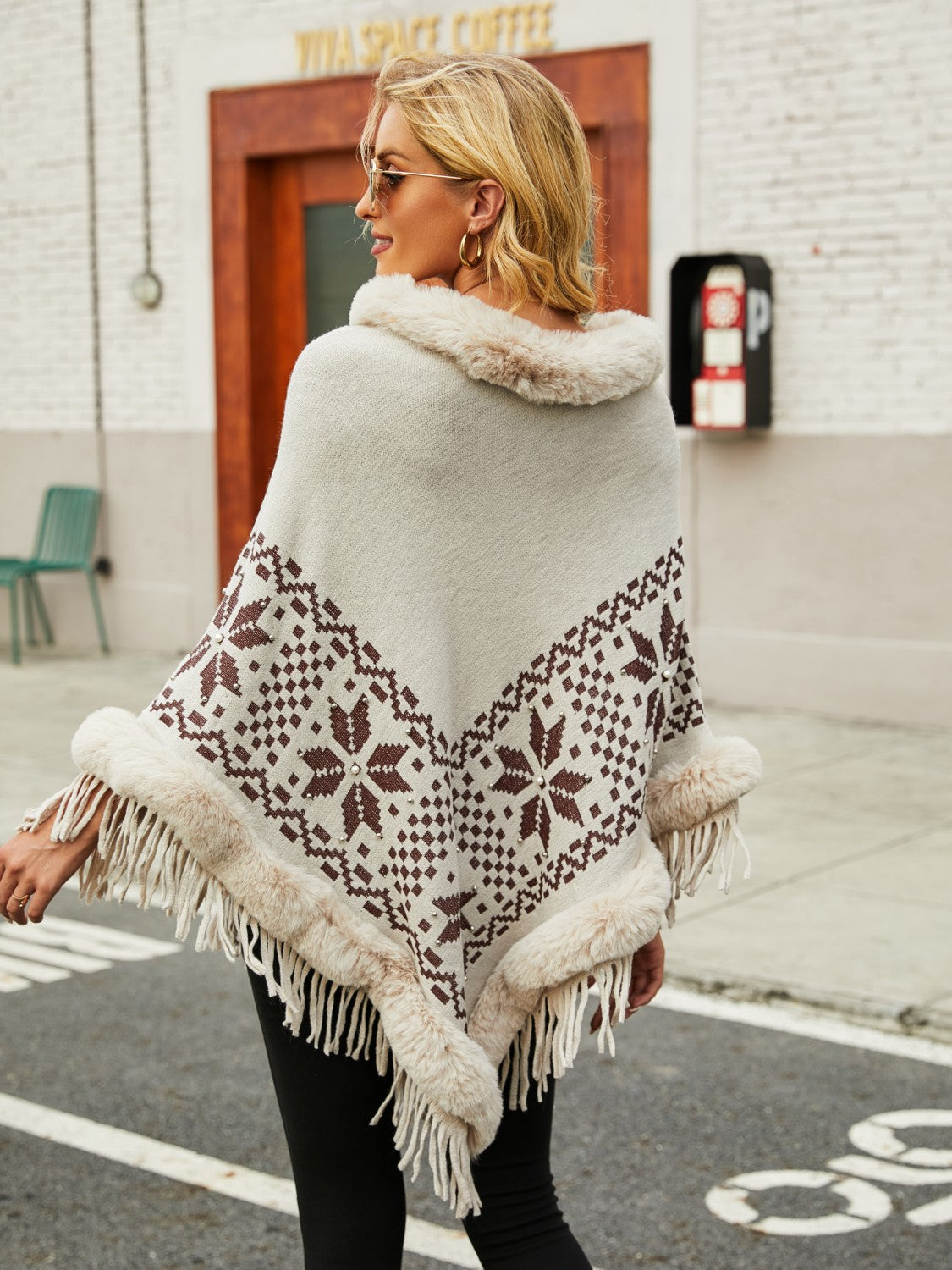 Fringe Geometric Cape Sleeve Poncho - XathletiX