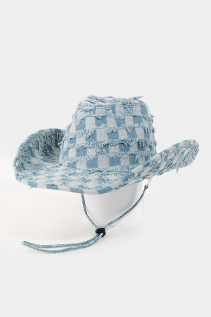 Fame Checkered Fringe Denim Cowboy Hat - XathletiX