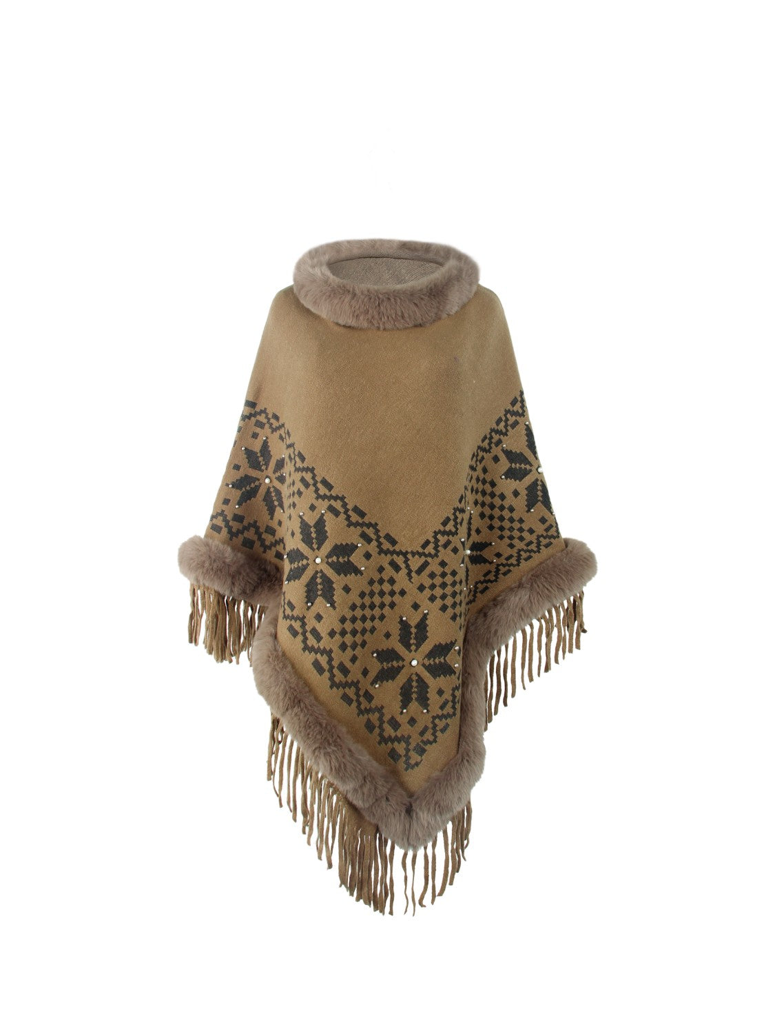 Fringe Geometric Cape Sleeve Poncho - XathletiX