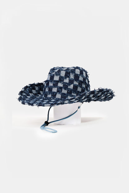 Fame Checkered Fringe Denim Cowboy Hat - XathletiX