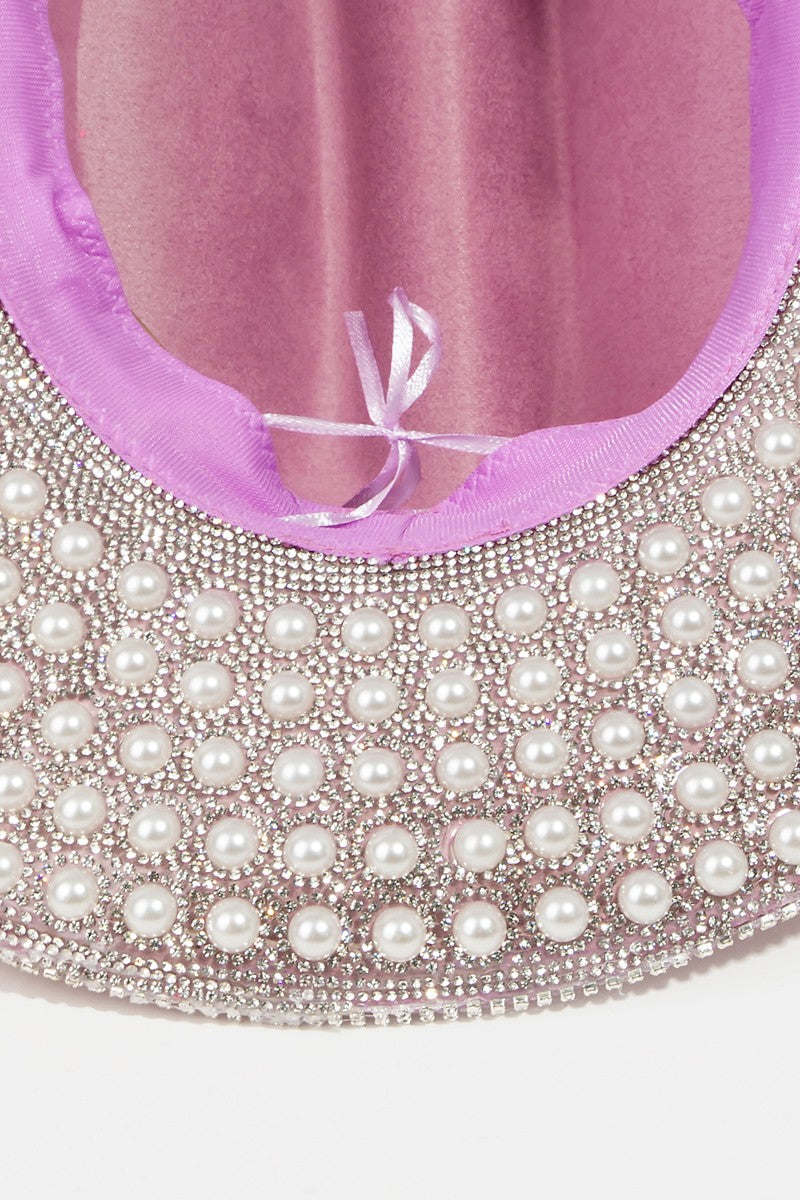 Fame Pave Rhinestone Pearl Trim Cowboy Hat - XathletiX