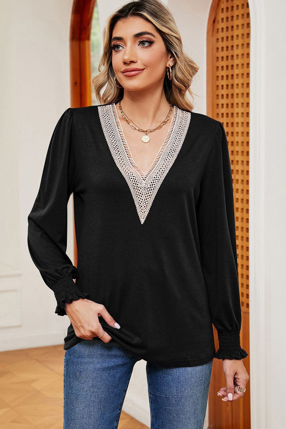 Lace Detail V-Neck Lantern Sleeve T-Shirt - XathletiX