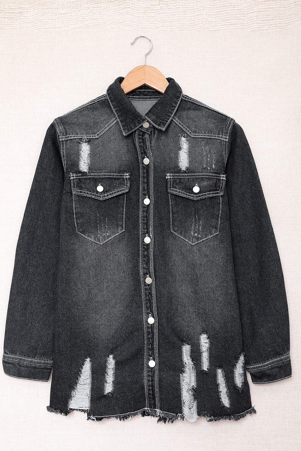 Distressed Button Up Raw Hem Denim Jacket - XathletiX