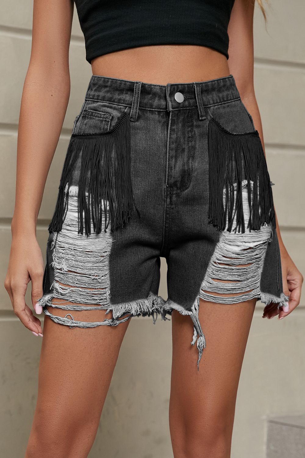 Fringe Trim Distressed Denim Shorts with Pockets - XathletiX