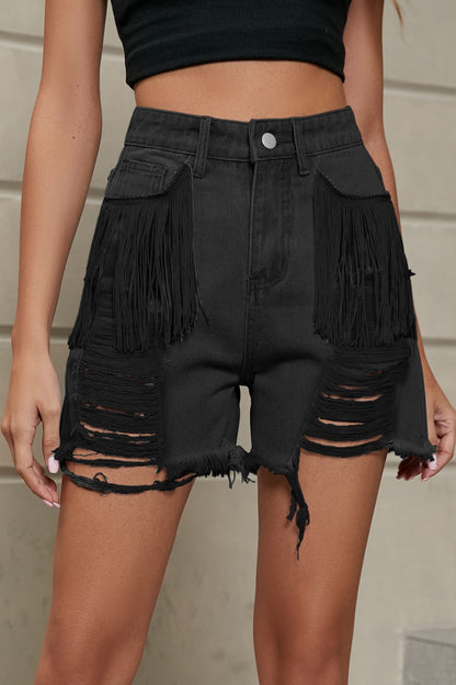 Fringe Trim Distressed Denim Shorts with Pockets - XathletiX