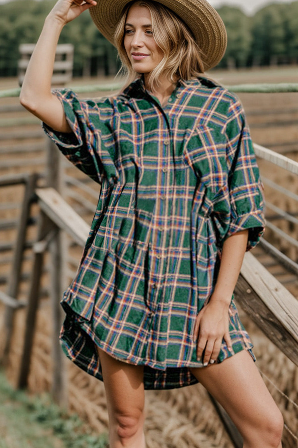 Plaid Button Up Collared Neck Shirt Dress - XathletiX