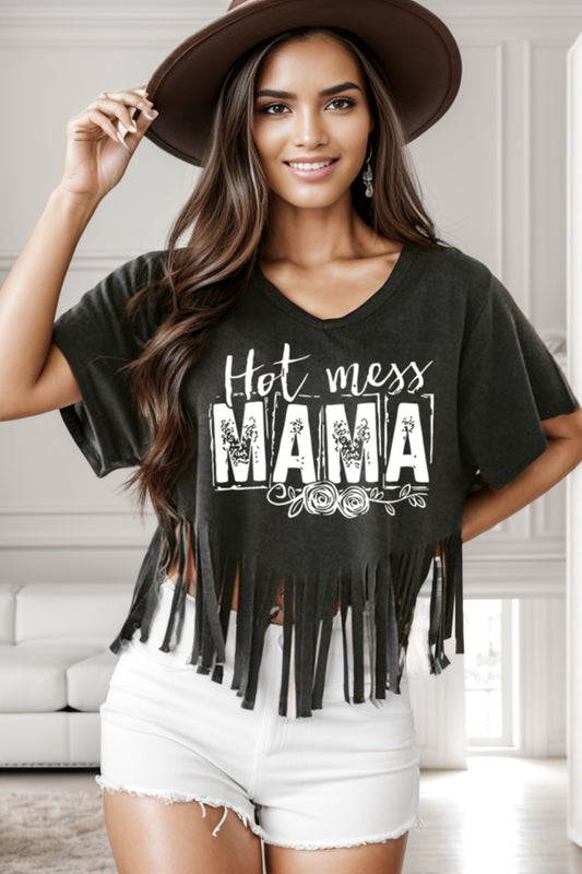 HOT MESS MAMA Fringe Round Neck T-Shirt - XathletiX