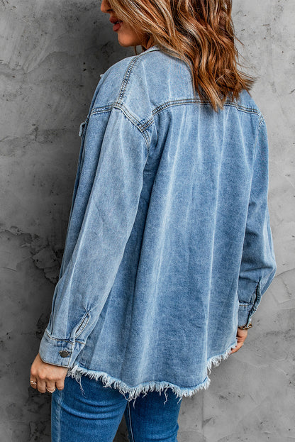 Button Up Pocketed Raw Hem Denim Jacket