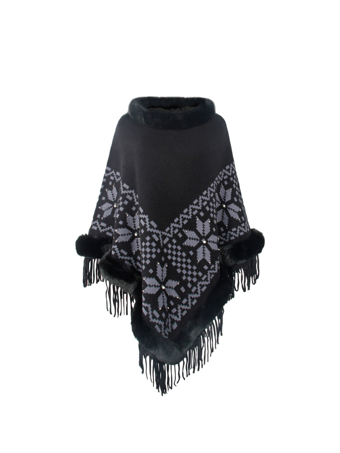 Fringe Geometric Cape Sleeve Poncho - XathletiX